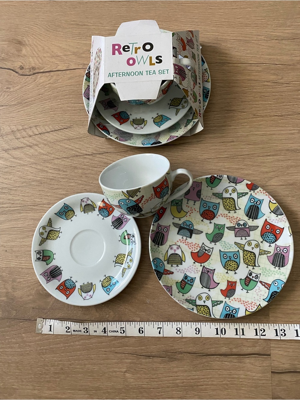 Retro Owls Tea Set (2 sets) - Cup, Saucer, Plate. New never used